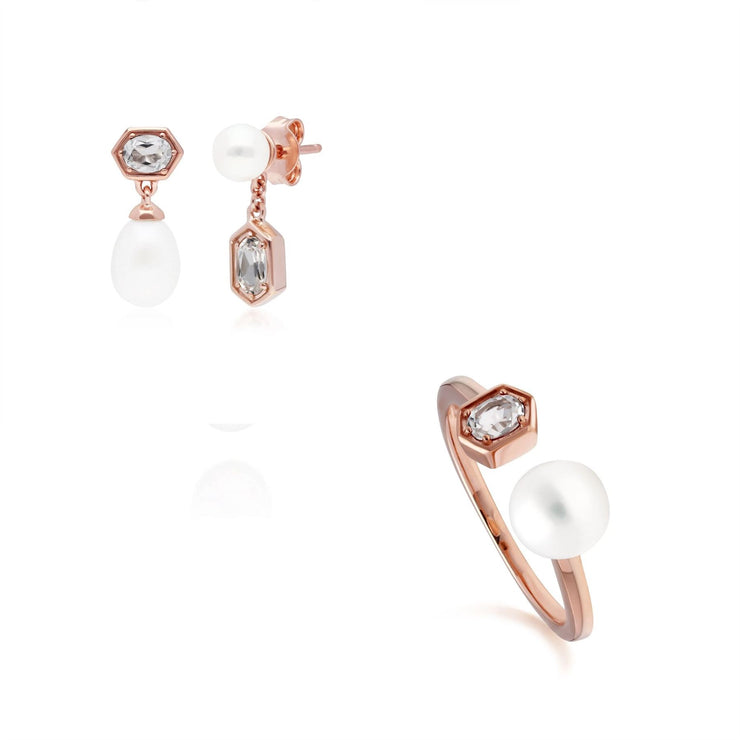 Bague et Boucles d'Oreilles Perle Moderne Argent 925 Doré à l'Or Fin Rose Topaze Blanche et Perle