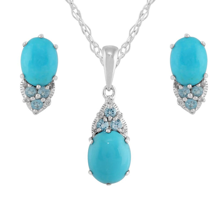 Pendentif et Boucles d'Oreilles Clou Style Art Nouveau Argent 925 Turquoise Ovale et Topaze Ronde