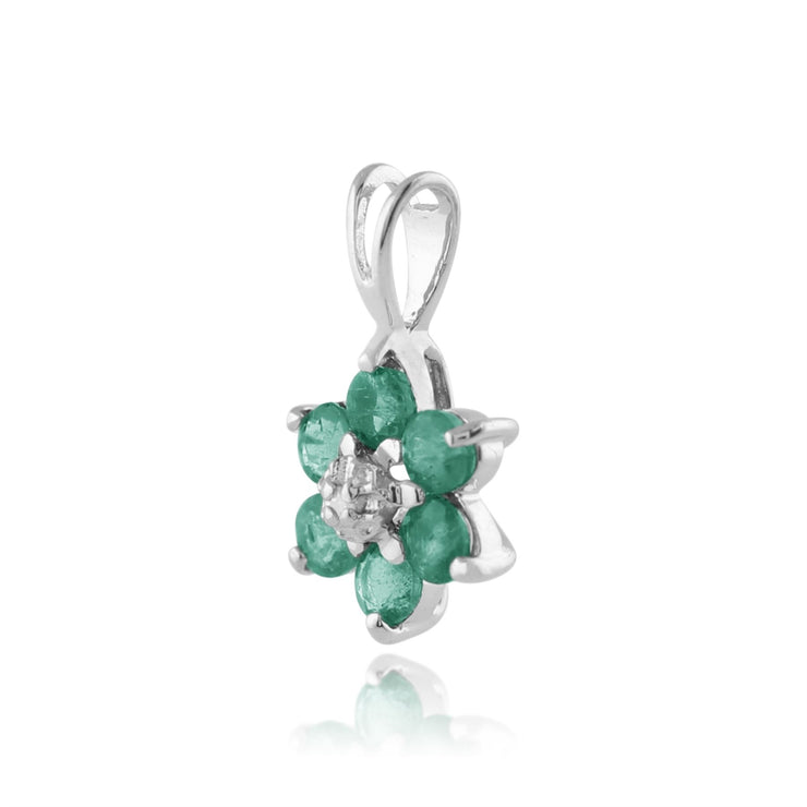 Pendentif et Boucles d'Oreilles Clou Floral Or Blanc 375 Emeraude Ronde et Diamant Cluster