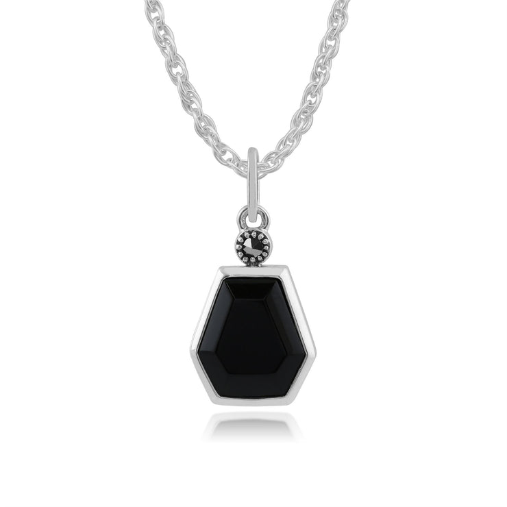 Pendentif et Boucles d'Oreilles Pendantes Géométrique Argent 925 Onyx Noire Hexagonal