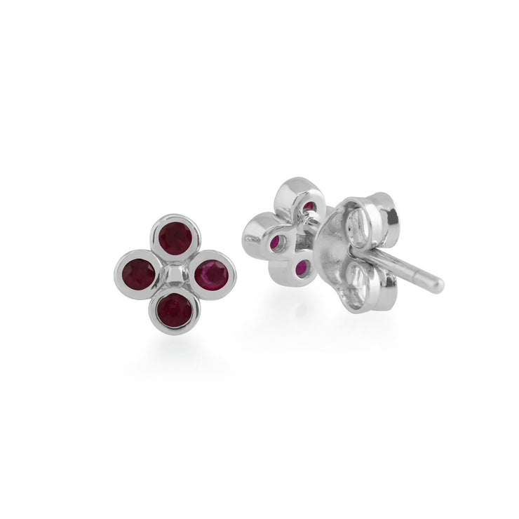 Boucles d'Oreilles Clou Floral Trèfle Argent 925 Rubis Sertis Clos