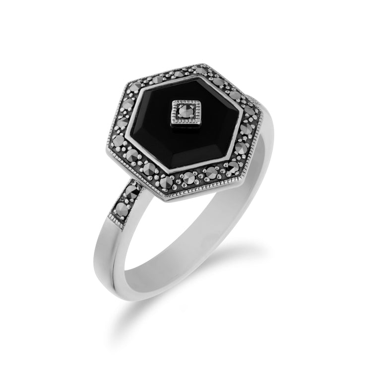 Gemondo Femmes Argent Sterling Noir Onyx et Marcassite Hexagone Bague - Onyx