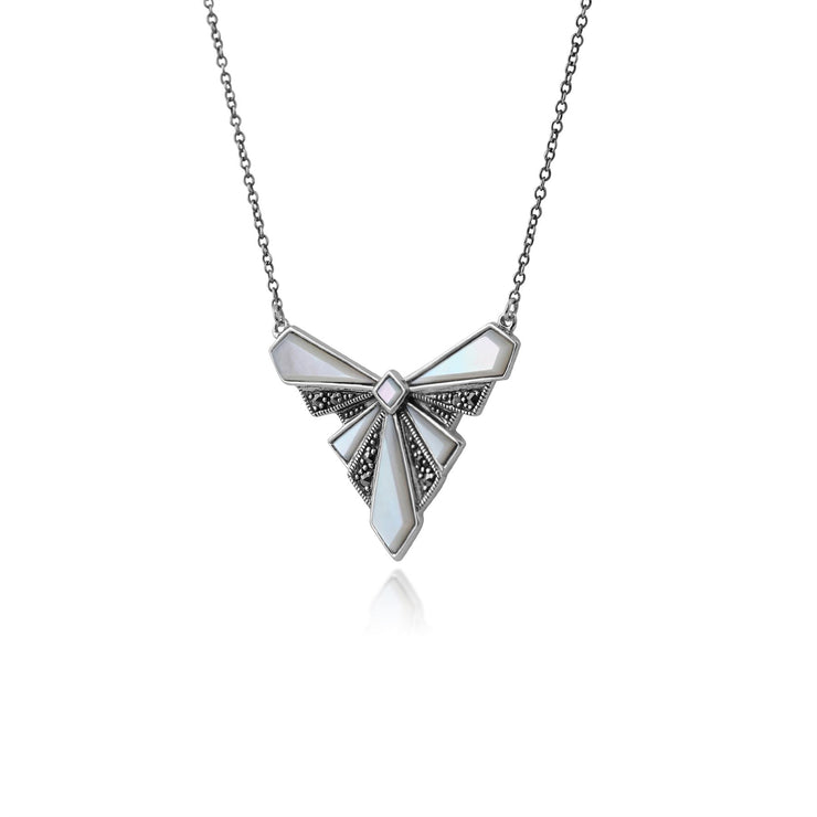 Collier Style Art Déco Eventail Argent 925 Nacre et Marcassite