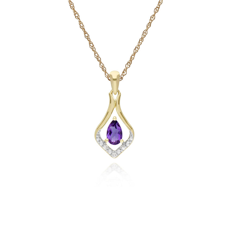 Boucles d'Oreilles Dormeuses et Pendentif Feuille Classique Or Jaune 375 Améthyste et Diamant