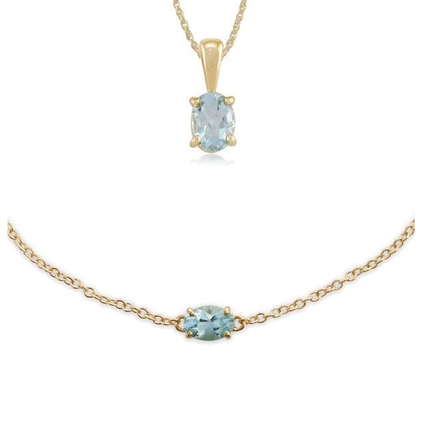 Bracelet et Pendentif Classique Oval Or Jaune 375 Aigue-Marine