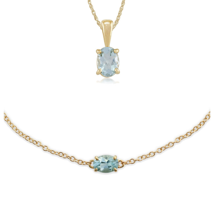 Bracelet et Pendentif Classique Oval Or Jaune 375 Aigue-Marine
