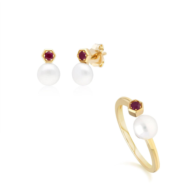 Bague et Boucles d'Oreilles Clou Perle Moderne Or Jaune 375 Rubis et Perle