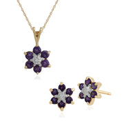 Pendentif et Boucles d'Oreilles Clou Floral Or Jaune 375 Améthyste et Diamant Cluster