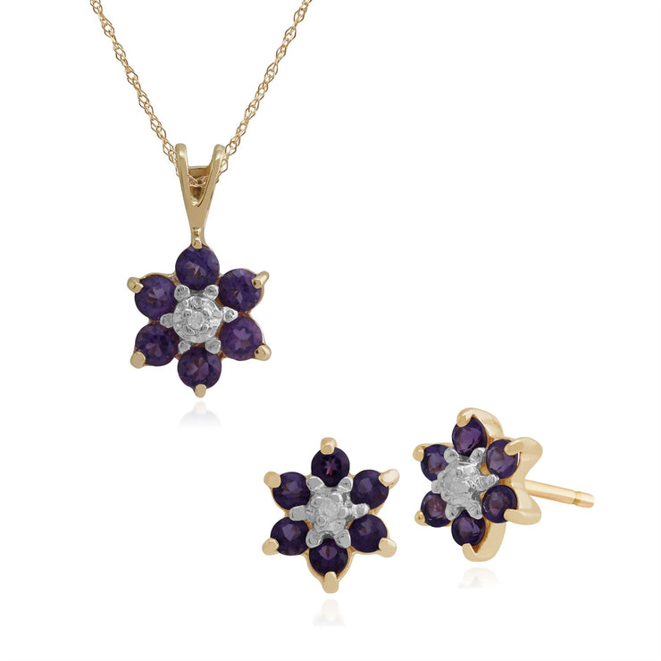 Pendentif et Boucles d'Oreilles Clou Floral Or Jaune 375 Améthyste et Diamant Cluster