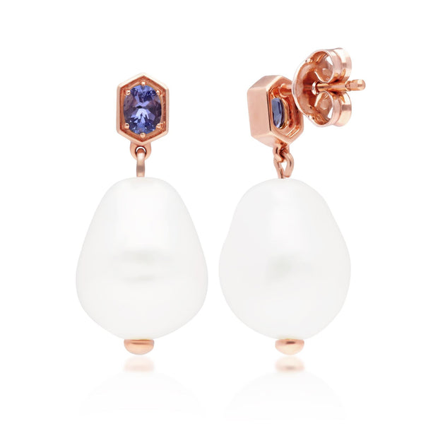 Boucles d'Oreilles Pendantes Perles Moderne Argent 925 Plaqué Or Rose Perle Baroque et Tanzanite