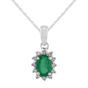 Pendentif et Boucles d'Oreilles Clou Classique Or Blanc 375 Emeraude Oval et Diamant halo
