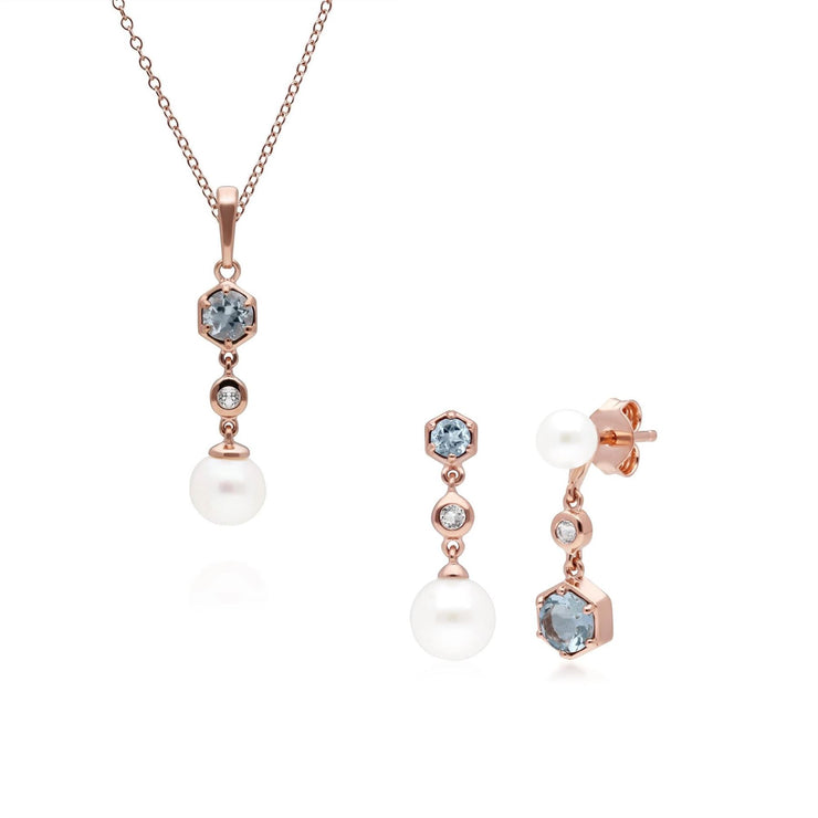 Pendentif et Boucles d'Oreilles Perle Moderne Argent 925 Doré à l'Or Fin Rose Aigue-Marine, Topaze et Perle