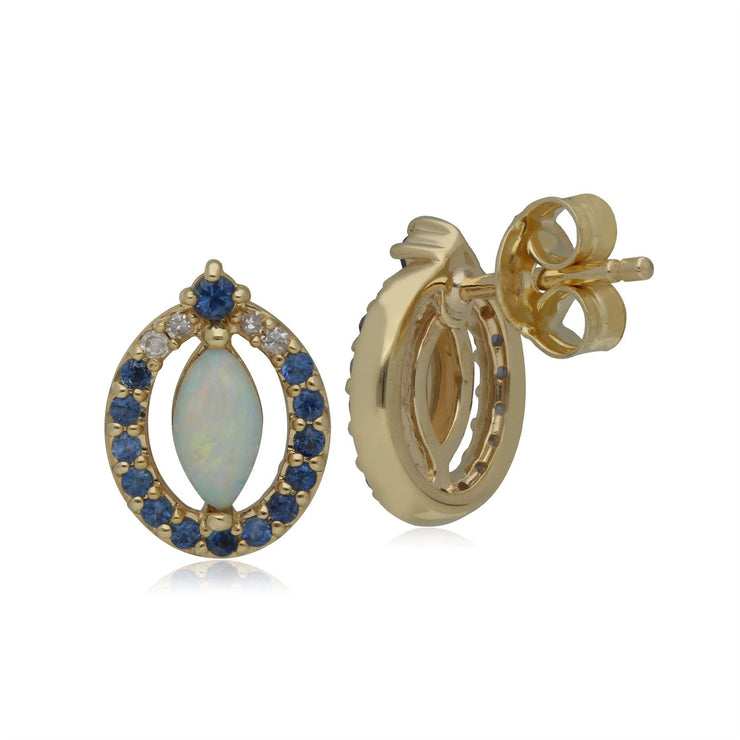 Boucles d'Oreilles Clou Classique Or Jaune 375 Saphir, Diamant et Opale