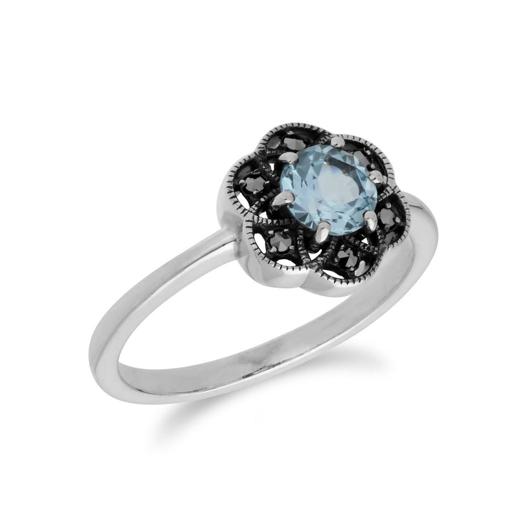 Gemondo Topaze Bleu Bague, Argent Sterling Topaze Bleu & Marcassite Bague Fleur - TOPAZE