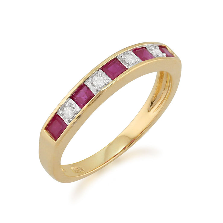 9 Ct Or Jaune 0.44 CT NATUREL RUBIS & Diamant Bague mi-éternité