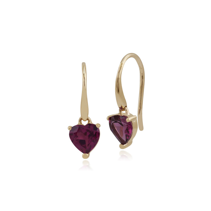 Boucles d'Oreilles Cœur Pendantes Classique Or Jaune 375 Grenat Rhodolite serti Griffe