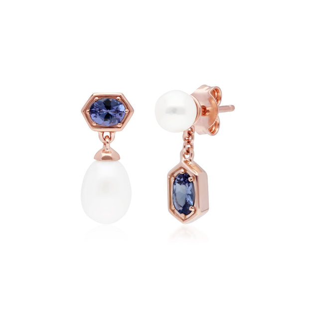 Boucles d'Oreilles Asymétrique Perle Moderne Argent 925 Plaqué Or Rose Perle et Tanzanite