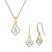 Boucles d'Oreilles Dormeuses et Pendentif Feuille Classique Or Jaune 375 Aigue-Marine et Diamant