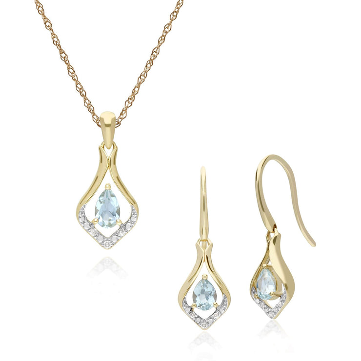 Boucles d'Oreilles Dormeuses et Pendentif Feuille Classique Or Jaune 375 Aigue-Marine et Diamant