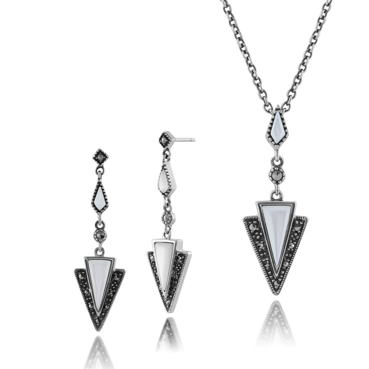 Collier et Boucles d'Oreilles Pendantes Traingle Style Art Déco Argent 925 Nacre et Marcassite
