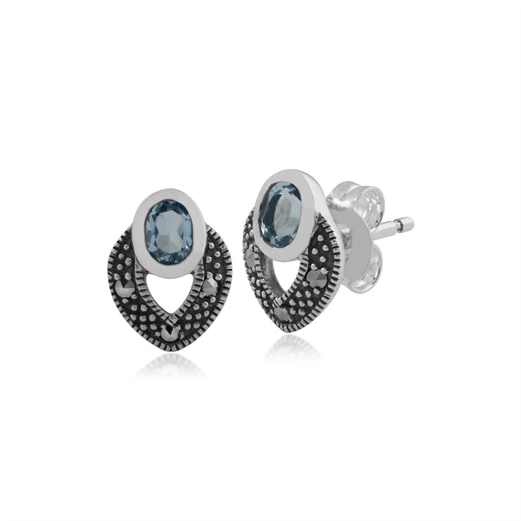 Boucles d'Oreilles Clou Style Art Déco Argent 925 Topaze Bleue Ovale et Marcassite