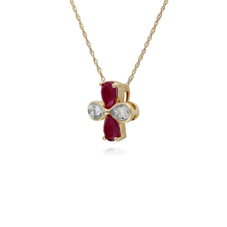 Rubis Collier, 9 CT Rubis or Jaune & Diamant Floral Pendentif sur 45cm Chaîne