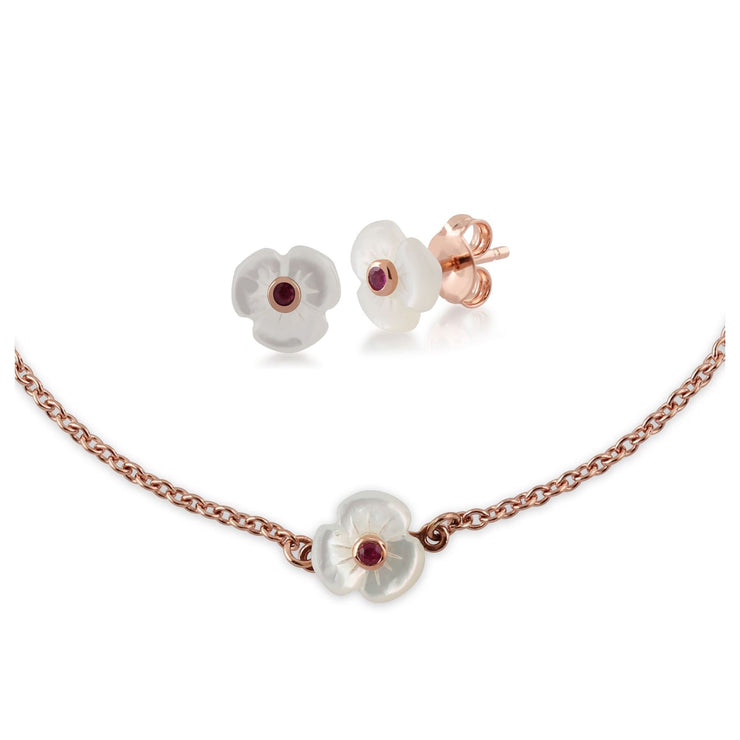 Bracelet et Boucles d'Oreilles Clou Marguerite Floral Argent 925 Plaqué Or Rose Rubis et Nacre