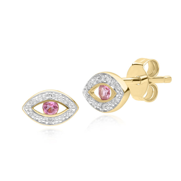 ECFEW™ Boucles d'Oreilles Clou Evil Eye Délicat Tourmaline Rose et Diamants en Or Jaune 375