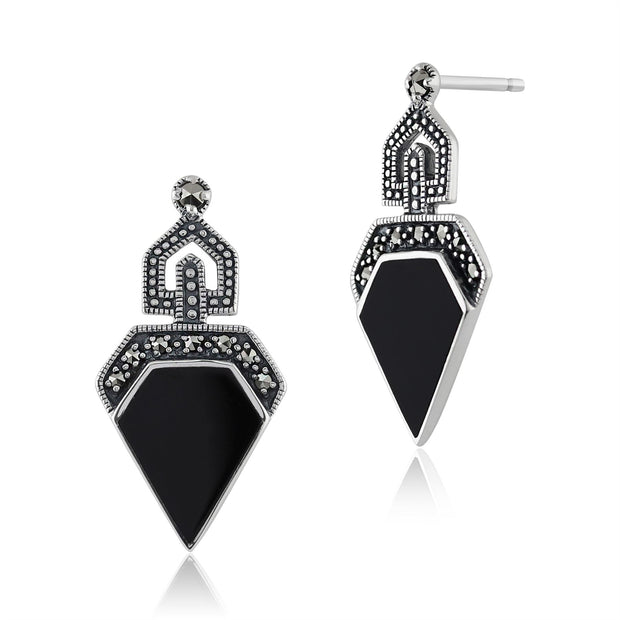 Boucles d'Oreilles Pendantes Style Art Déco Argent 925 Onyx Noir Cabochon et Marcassite