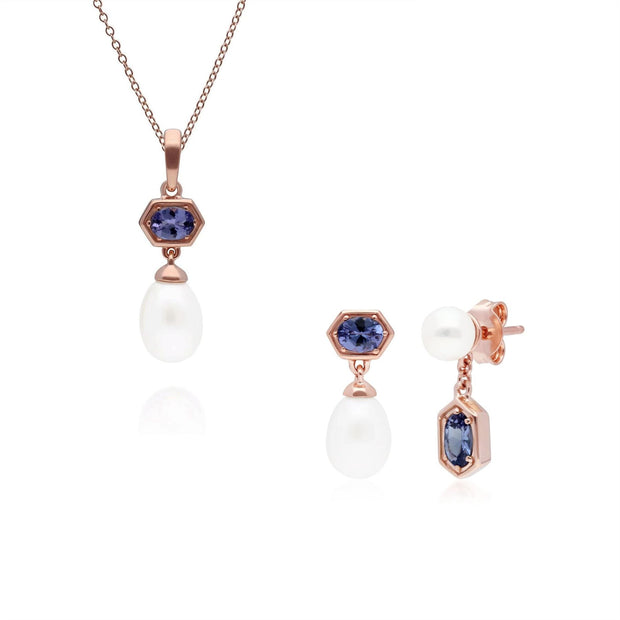 Pendentif et Boucles d'Oreilles Perle Moderne Argent 925 Doré à l'Or Fin Rose Tanzanite et Perle