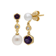 Boucles d'Oreilles Pendantes Asymétriques Perle Moderne Argent 925 Plaqué Or Perle, Améthyste et Topaze