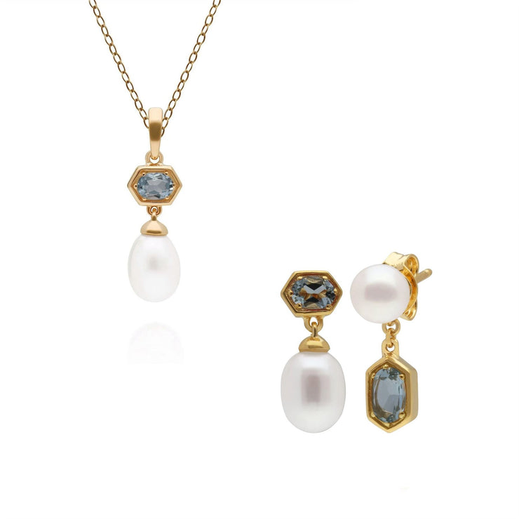 Boucles d'Oreilles et Pendentif Perle Moderne Argent 925 Plaqué Or Aigue-Marine et Perle