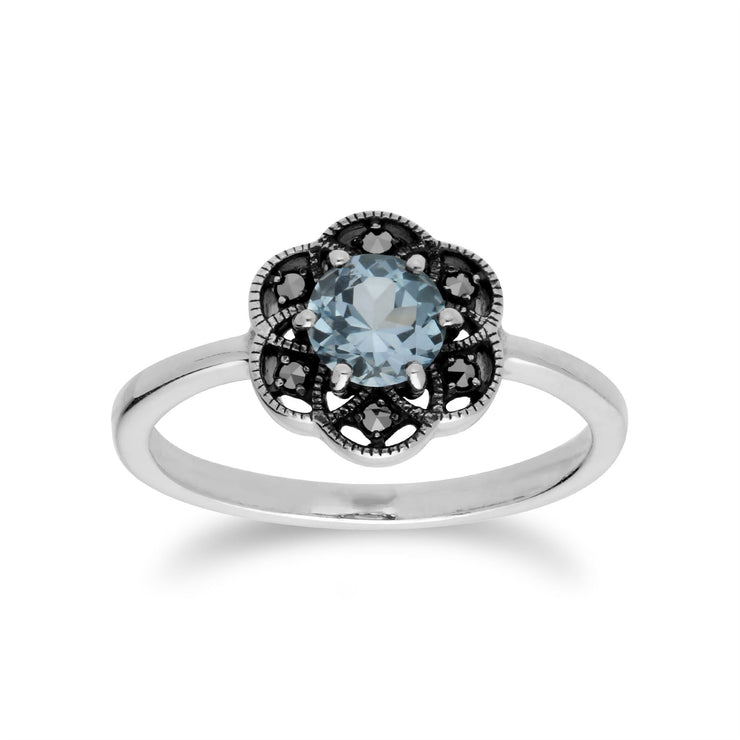 Gemondo Topaze Bleu Bague, Argent Sterling Topaze Bleu & Marcassite Bague Fleur - TOPAZE