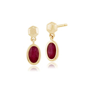 Boucles d'Oreilles Classique Pendantes Or Jaune 375 Rubis Oval serti Clos