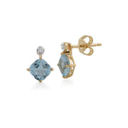 Boucles d'Oreilles Clou Classique Or Jaune 375 Topaze Bleue Carrée et Diamant