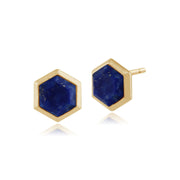 Boucles d'Oreilles Clou Géométrique Argent 925 Plaqué Or Lapis Lazuli Prisme Hexagonal