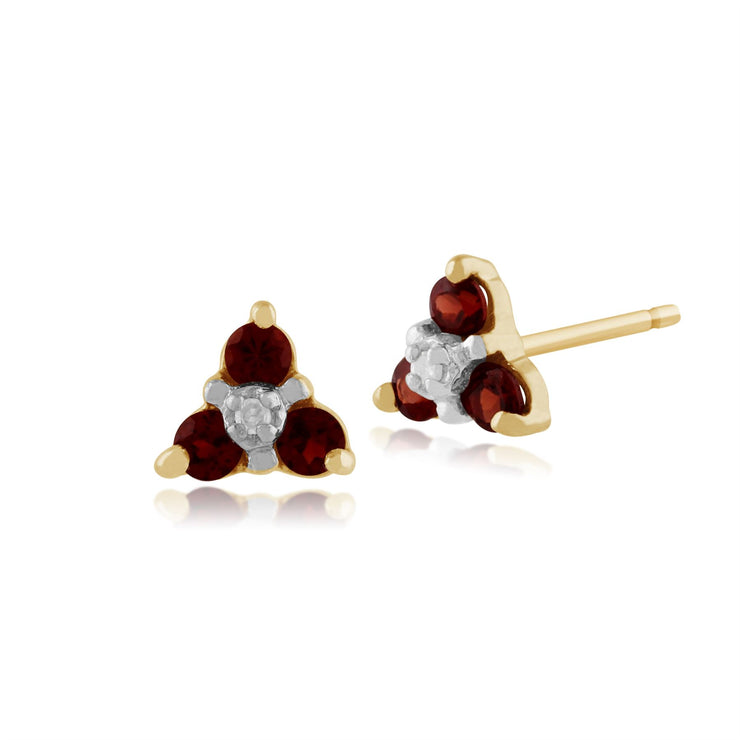 Pendentif et Boucles d'Oreilles Clou Floral Or Jaune 375 Grenat Rond et Diamant