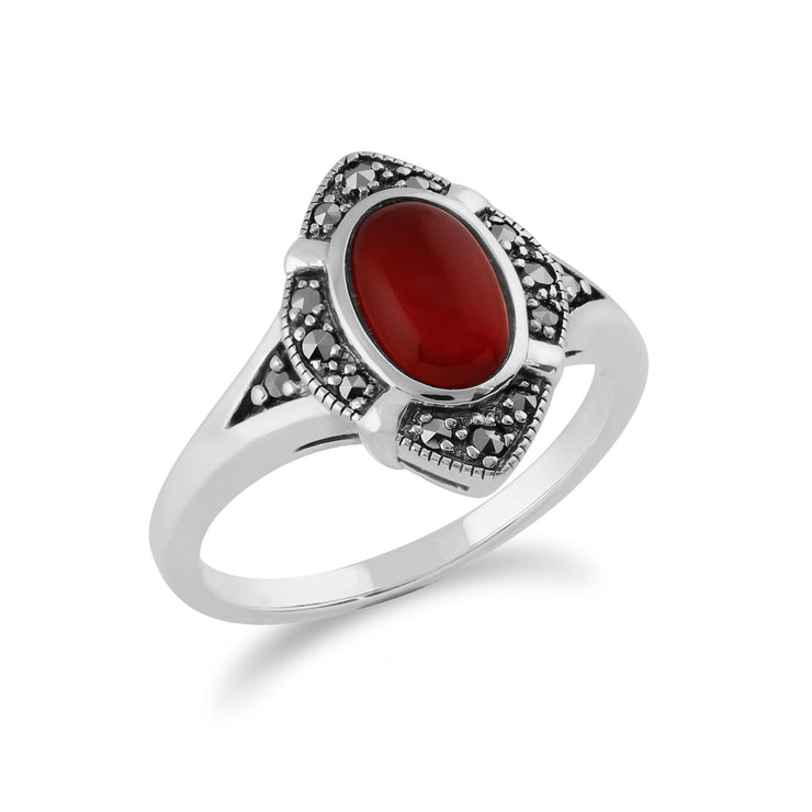 Gemondo Art Déco Bague, 925 Sterling Silver 1.00ct Cornaline & Marcassite Art Déco Bague