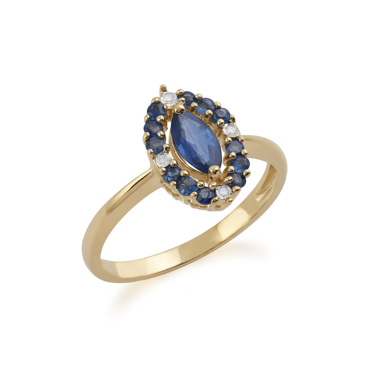 Jaune 9 CT or 0,63 CT Saphir Naturel Bleu & 1,6pt Bague Nombreux Diamants