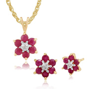 Pendentif et Boucles d'Oreilles Clou Floral Or Jaune 375 Rubis Rond et Diamant Cluster