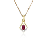 Rubis Collier, 9 Ct or Jaune Ovale Rubis & Diamant Classique Feuille Pendentif sur 45cm Chaîne