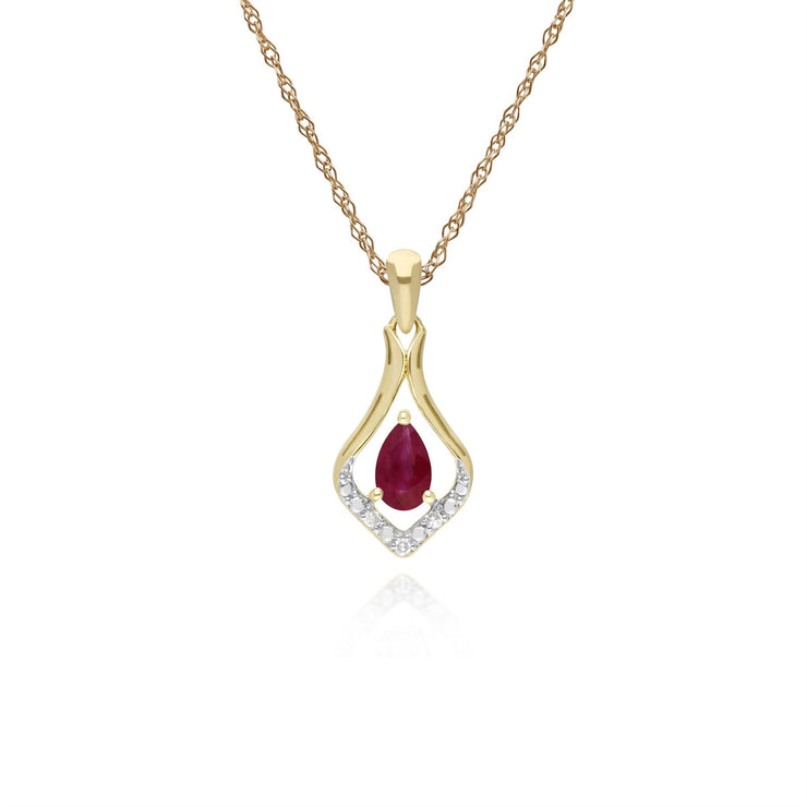 Rubis Collier, 9 Ct or Jaune Ovale Rubis & Diamant Classique Feuille Pendentif sur 45cm Chaîne