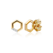 Boucles d'Oreilles Clou Hexagone Pavé Diamant Or Jaune 375