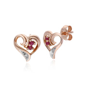 Rubis Boucles D'Oreilles, 9 CT or Rose 0,10 CT Rubis & Diamant Boucles D'Oreilles Puces Coeur