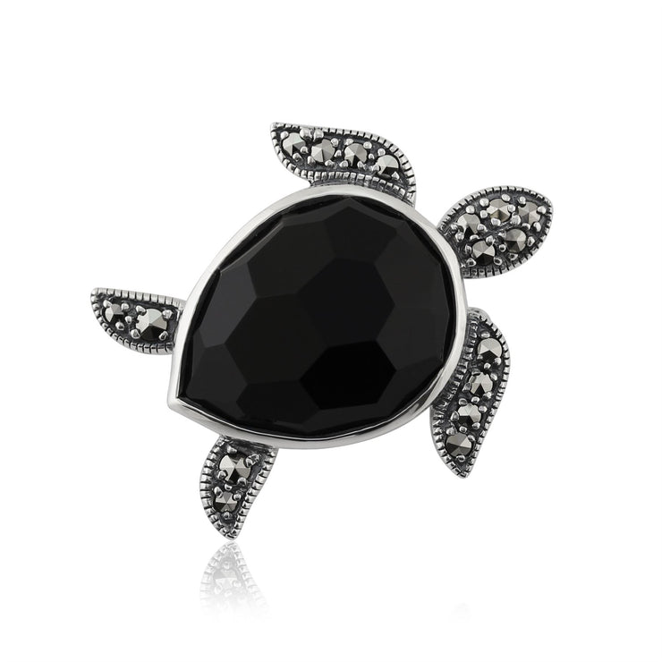 Broche Tortue Style Art Nouveau Argent 925 Onyx Poire et Marcassite