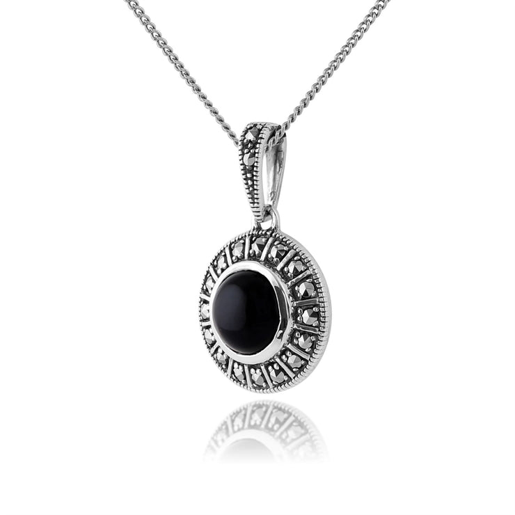 Pendentif Style Art Déco Argent 925 Onyx Ronde Noire et Marcassite