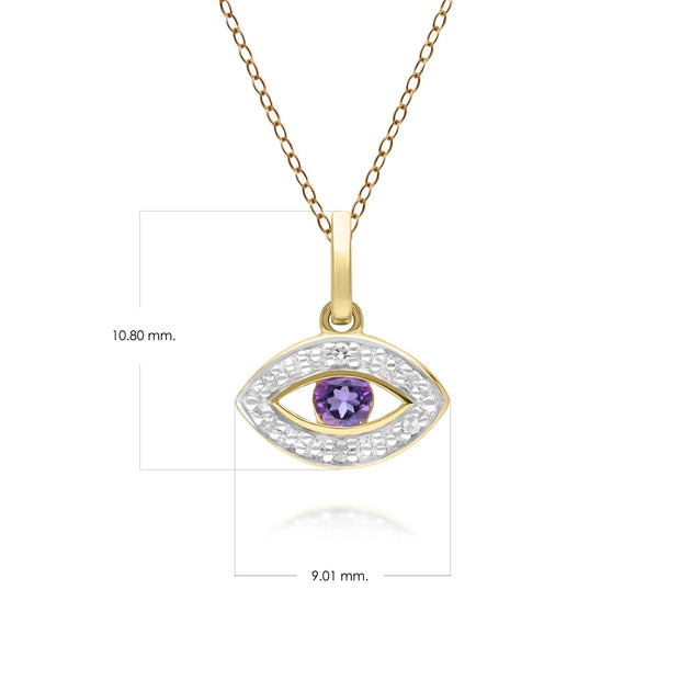 ECFEW™ Pendentif Evil Eye Délicat Améthyste Ronde et Diamants en Or Jaune 9ct