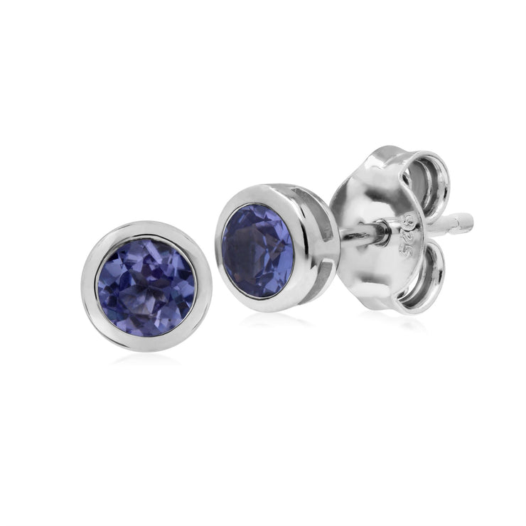 Tanzanite Boucles D'Oreilles, Argent Sterling Simple Tanzanite Chaton Round Stud Earrings