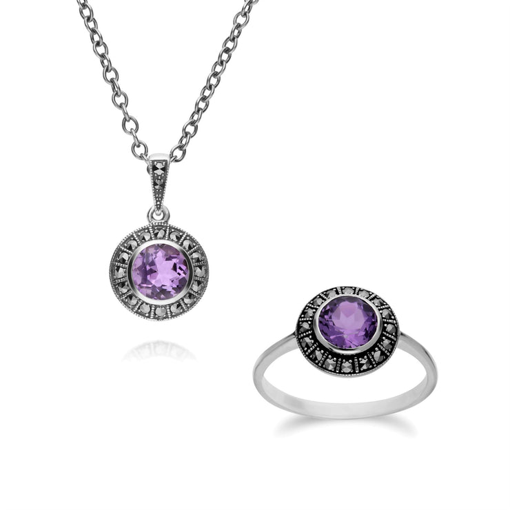 Pendentif et Bague Style Art Déco Argent 925 Améthyste et Marcassite Cluster Rond