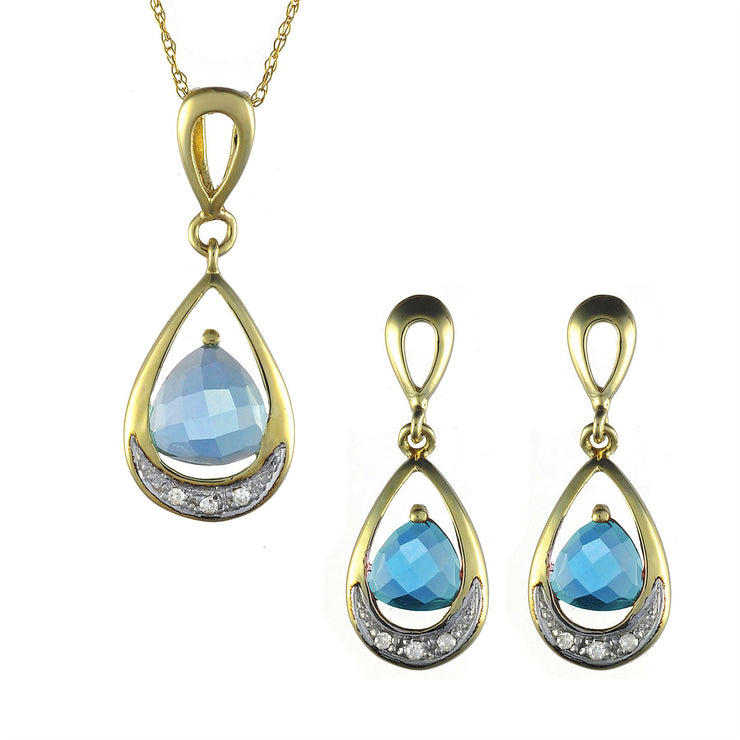 Pendentif et Boucles d'Oreilles Pendantes Style Art Nouveau Or Jaune 375 Topaze Bleue et Diamant